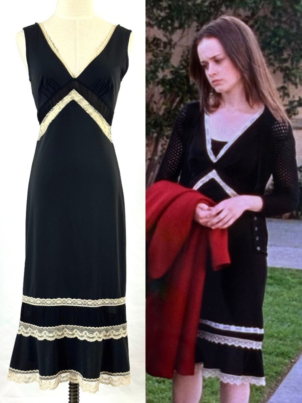 Vtg Y2K Gilmore Girls ASO Rory Express Slip Dress V-Neck Lace Trim Coquette